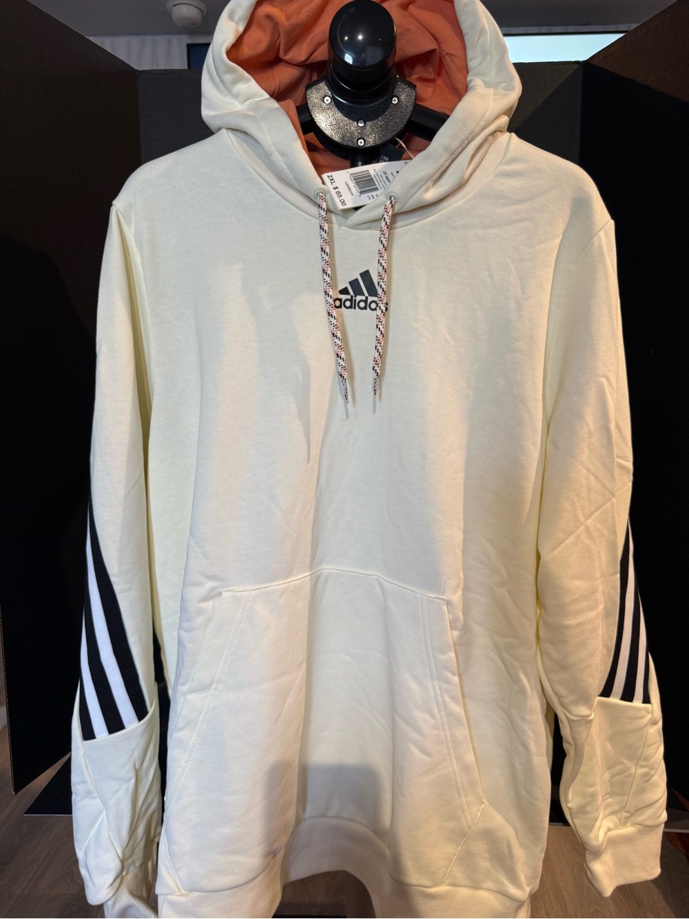 adidas Cream Hoodie with Orange Lined Hood and Black Sleeve Stripes